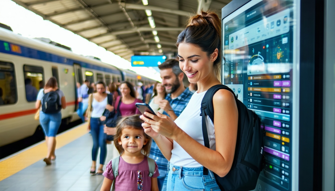 The image depicts a bustling train station filled with diverse passengers engaging with their devices In the foreground a young woman is seen smiling as she connects to the stations WiFi network on her smartphone while nearby a family with children i-2