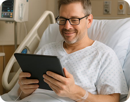 Hospital patient in bed using ipad