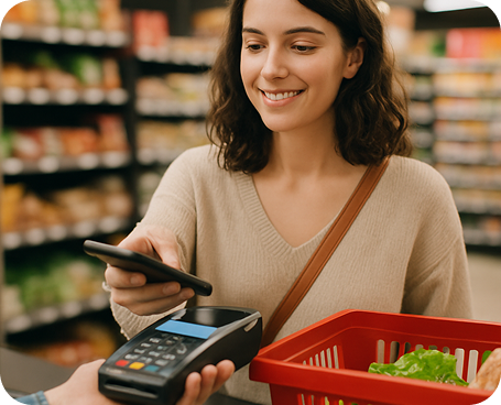 Image of a shopper in a store making a payment with their phone using contactless