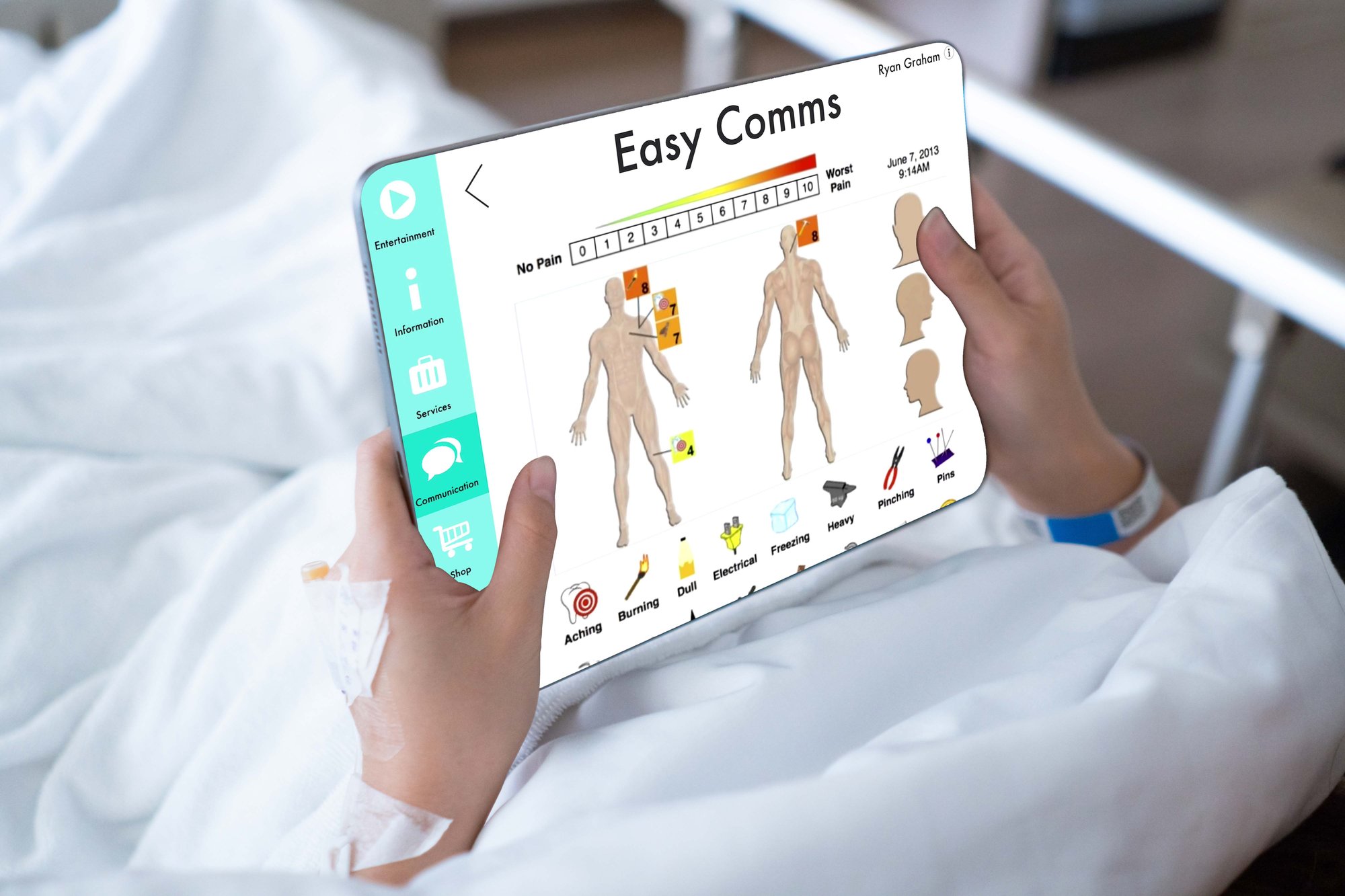 Patient holding tablet reviewing survey