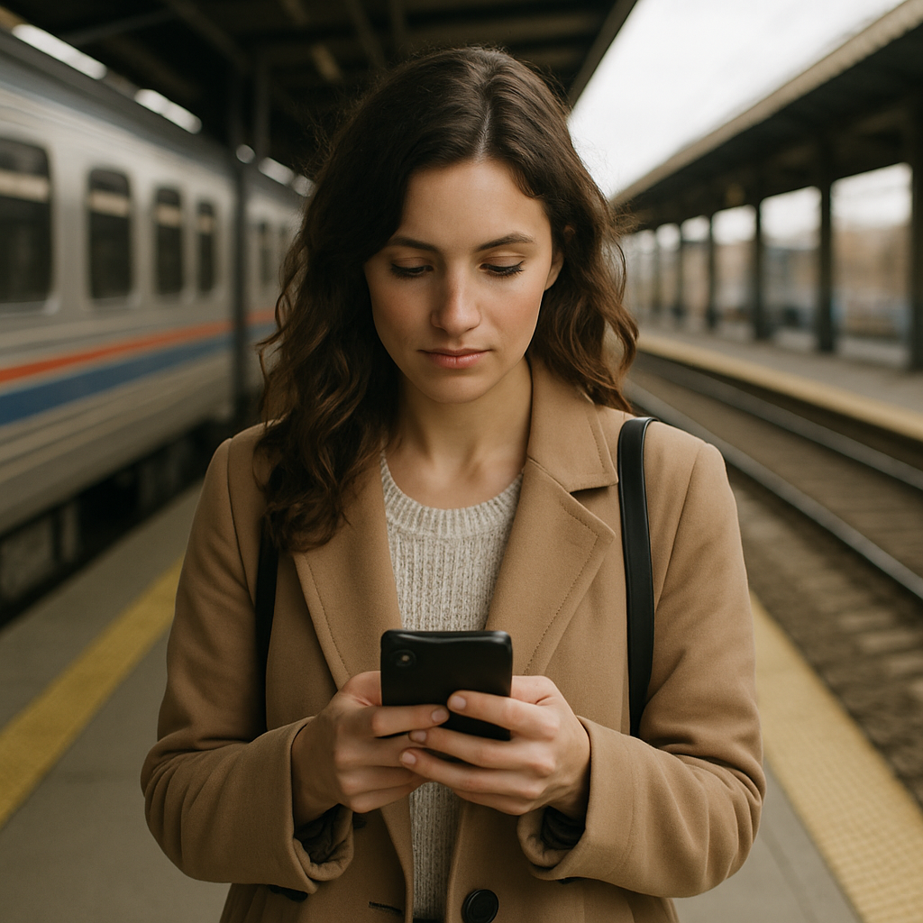 woman-using-phone-by-train